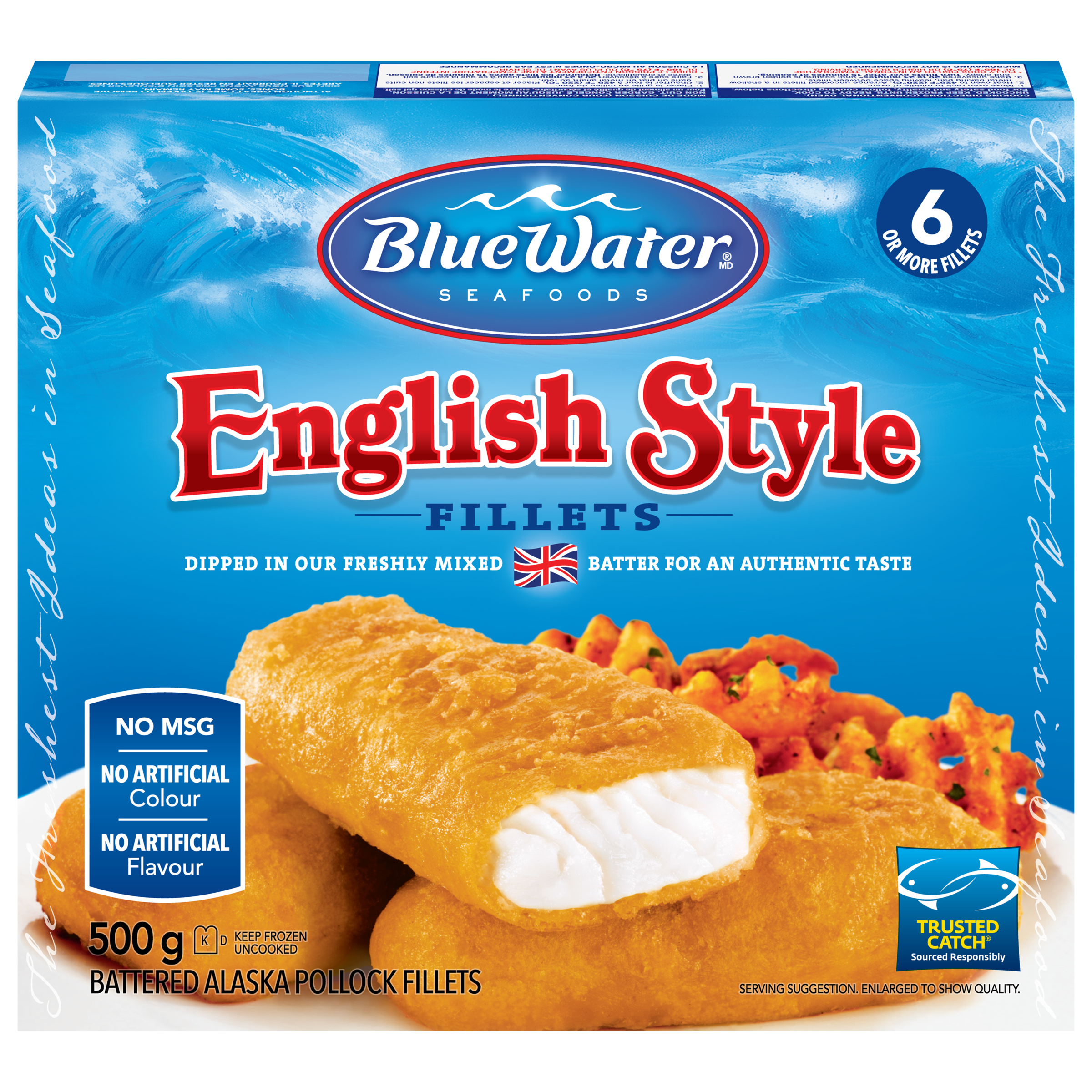 BlueWater Seafoods English Style Fish, Wild Caught Pollock, Frozen, 6 Count, 500 g Package