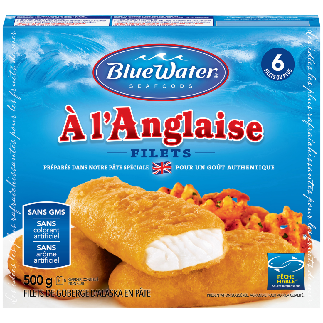 BlueWater Seafoods Poisson à l'anglaise, lieu sauvage pêché, congelé, 6 unités, paquet de 500 g