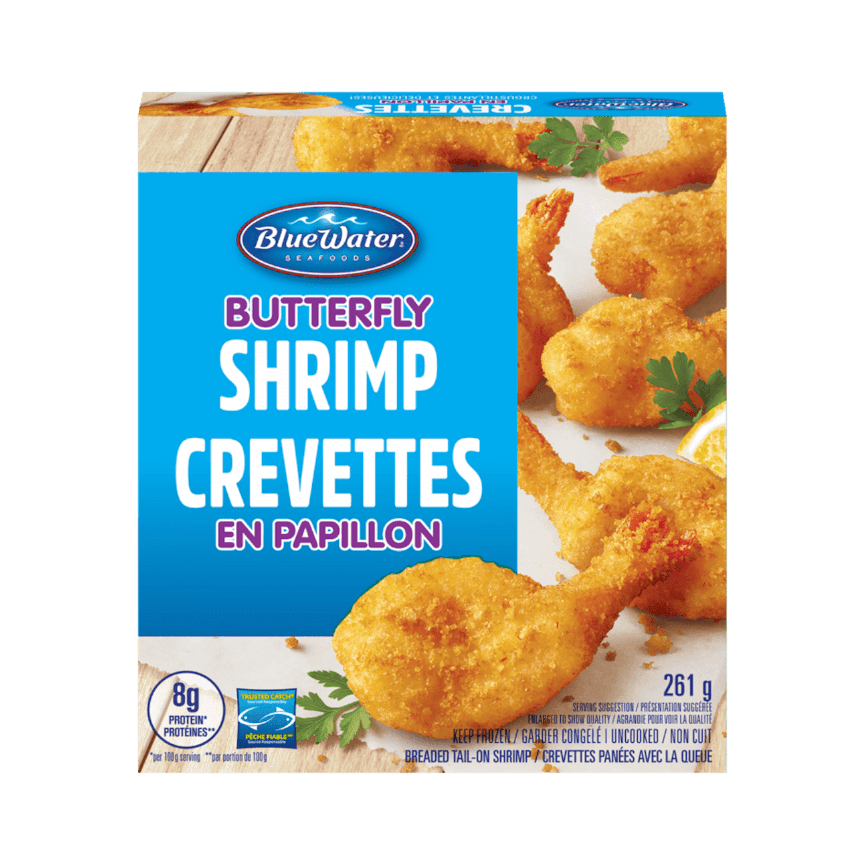 BlueWater Seafoods Butterfly Shrimp 100% Whole Shrimp, Breaded with Crunchy Panko Breadcrumbs, Frozen, 261 g Package / Crevettes papillon BlueWater Seafoods, Crevettes entières à 100%, Panées avec une chapelure Panko croustillante, Congelé, Emballage de 261 g