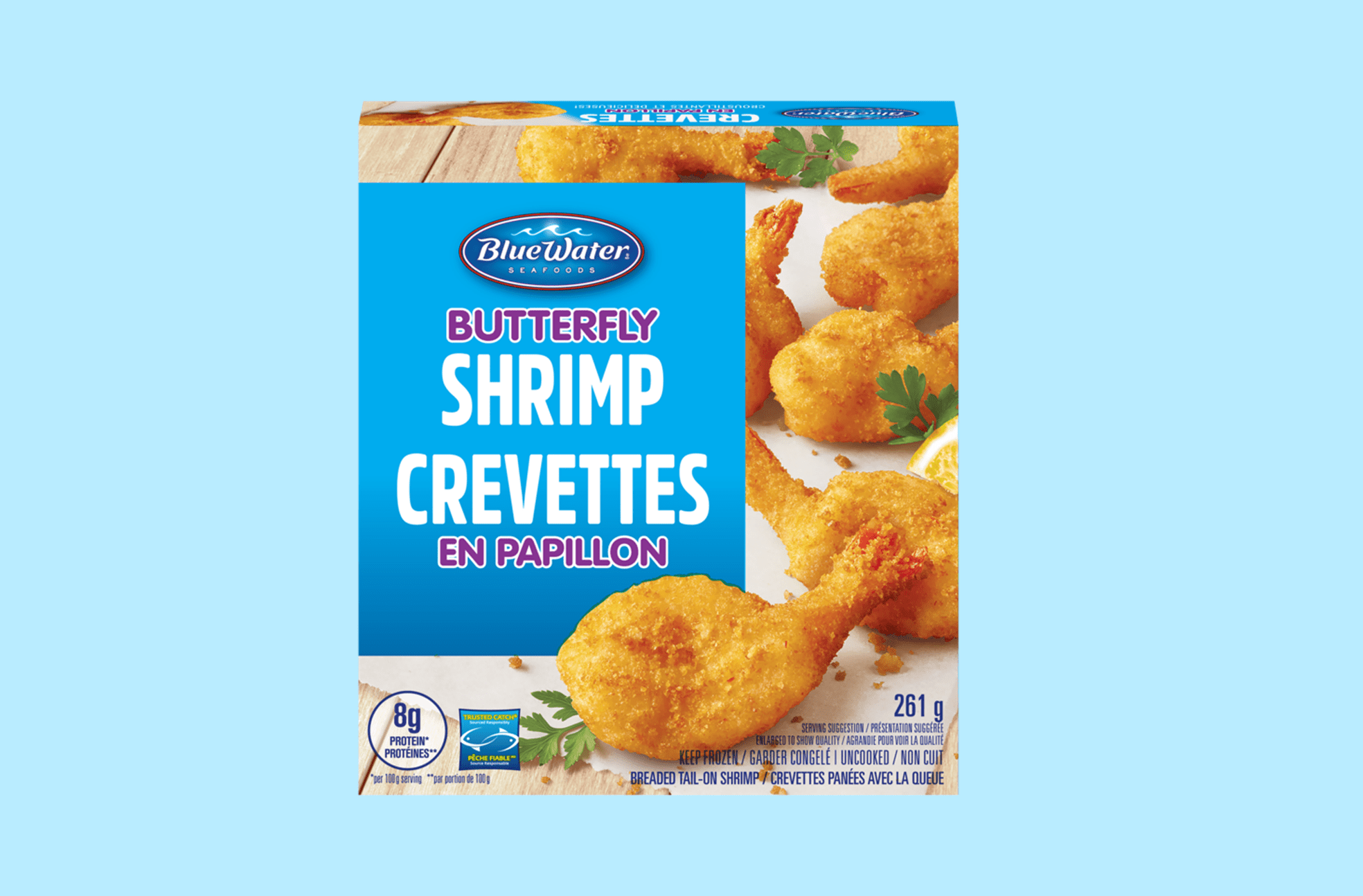 Crevettes papillon BlueWater Seafoods Crevettes 100 % entières, panées avec de la chapelure panko croquante, surgelées, emballage de 261 g