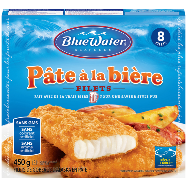 Poisson pané à la bière BlueWater Seafoods, goberge sauvage, congelé, 8 unités, paquet de 450 g