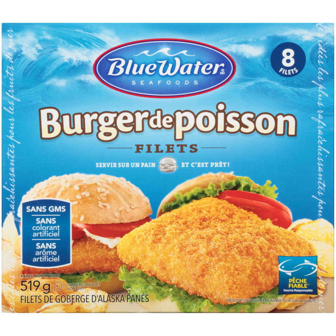 Sandwich au poisson pané BlueWater Seafoods, goberge d'Alaska sauvage, surgelée, 8 unités, emballage de 519 g